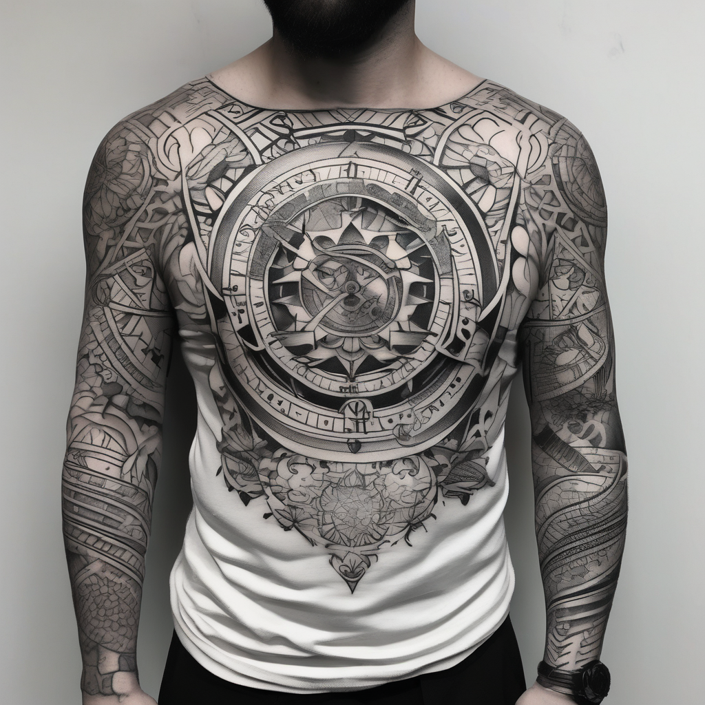 sleeve tattoo to contain the symbols family , love, health, time, money , happines glitter tattoo, design de tatouage Blackwork généré par IA